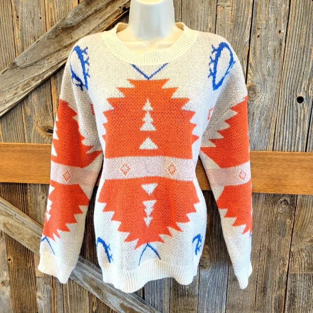 Womens crew neck Over Sized tribal print thick knit sweater. Warm. Medium M '